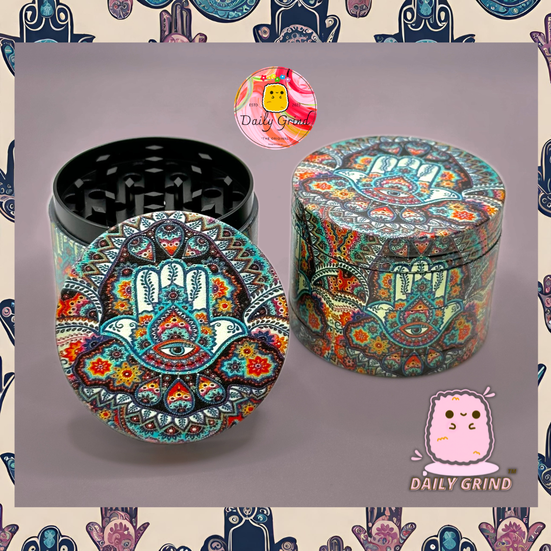 Hand of Protection Hamsa - 50mm 4-Piece High Quality Custom Metal Tobacco Herb Grinder Gift Idea