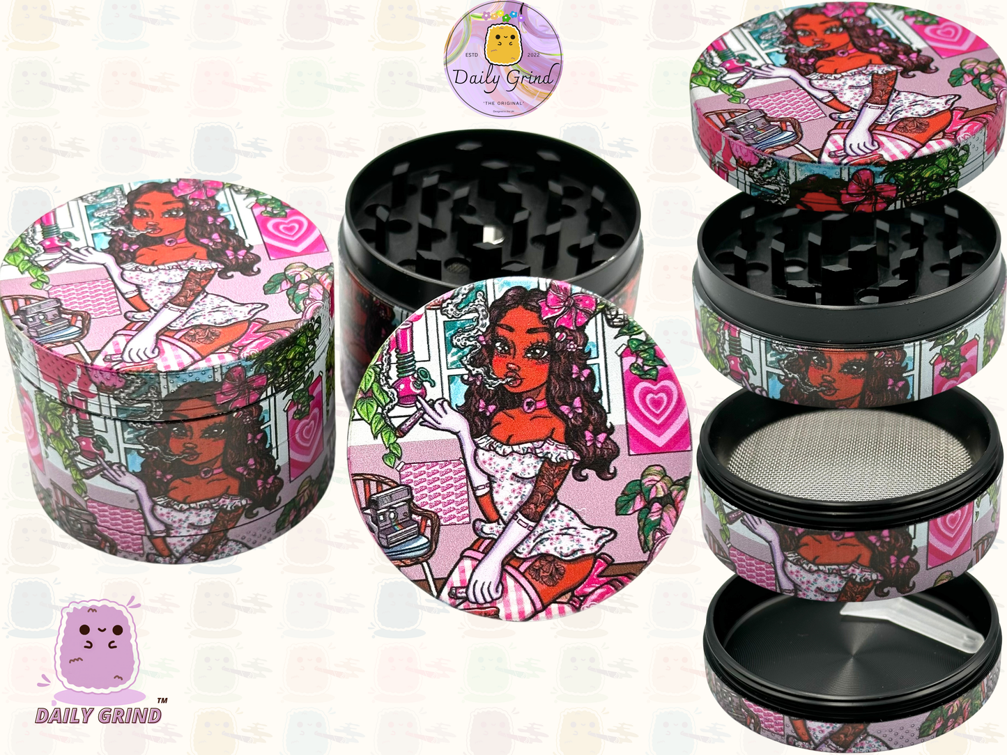 Cute Stoner Girl Pink - 50mm 4-Piece Premium Custom Metal Tobacco Herb Grinder Cute Gift Idea