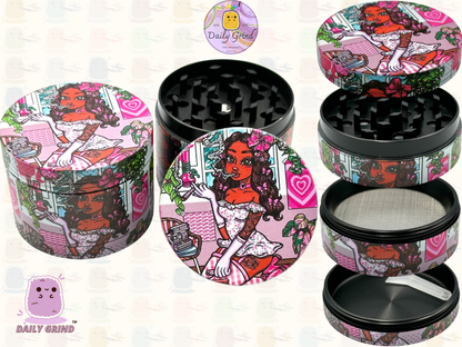 Cute Stoner Girl Pink - 50mm 4-Piece Premium Custom Metal Tobacco Herb Grinder Cute Gift Idea