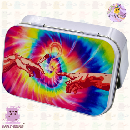 Miguel Ángel Capilla Sixtina Tie Dye Nacimiento del Hombre Arte 1oz Tabaco Blanco/Píldora/Baccy / Stash/Monedas/Cristales/Joyería Tapa con Bisagra Caja de Lata Regalo