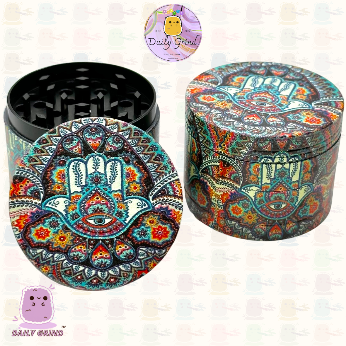 Hand of Protection Hamsa - 50mm 4-Piece High Quality Custom Metal Tobacco Herb Grinder Gift Idea