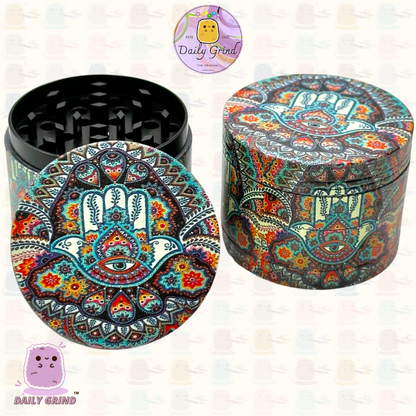 Hand of Protection Hamsa - 50mm 4-Piece High Quality Custom Metal Tobacco Herb Grinder Gift Idea