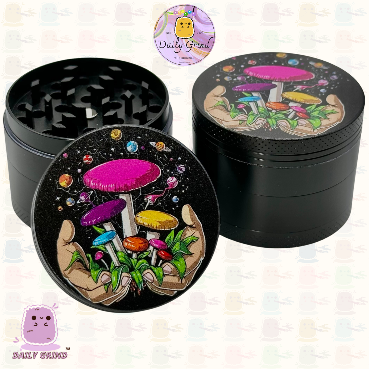 Setas forrajeras Hongos Manos Myco Design - 50 mm 4 piezas Regalo de molinillo de hierbas de metal personalizado de alta calidad 