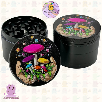 Setas forrajeras Hongos Manos Myco Design - 50 mm 4 piezas Regalo de molinillo de hierbas de metal personalizado de alta calidad 