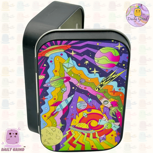 Diseño del espacio exterior de los planetas coloridos de la galaxia de los años 90, pastilla de tabaco negra de 2oz, monedas de alijo Baccy, cristales, joyería, tapa con bisagra, regalo de lata