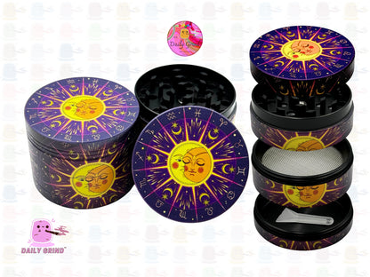 Purple Sun & Moon Astrology Cartoon - 50mm Premium 4-Piece Custom Metal Kitchen Herb Grinder Gift Idea