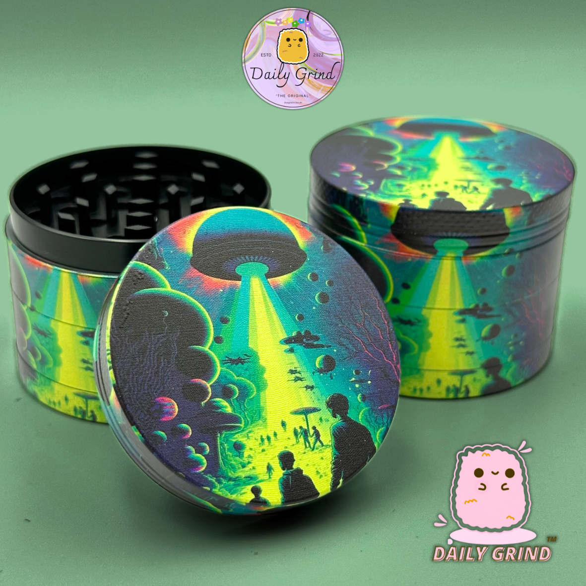 Alien Ship Abduction Spooky Apocalypse Vert 50mm 4 Pièces Haute Qualité Personnalisé Métal Herb Grinder Cadeau 