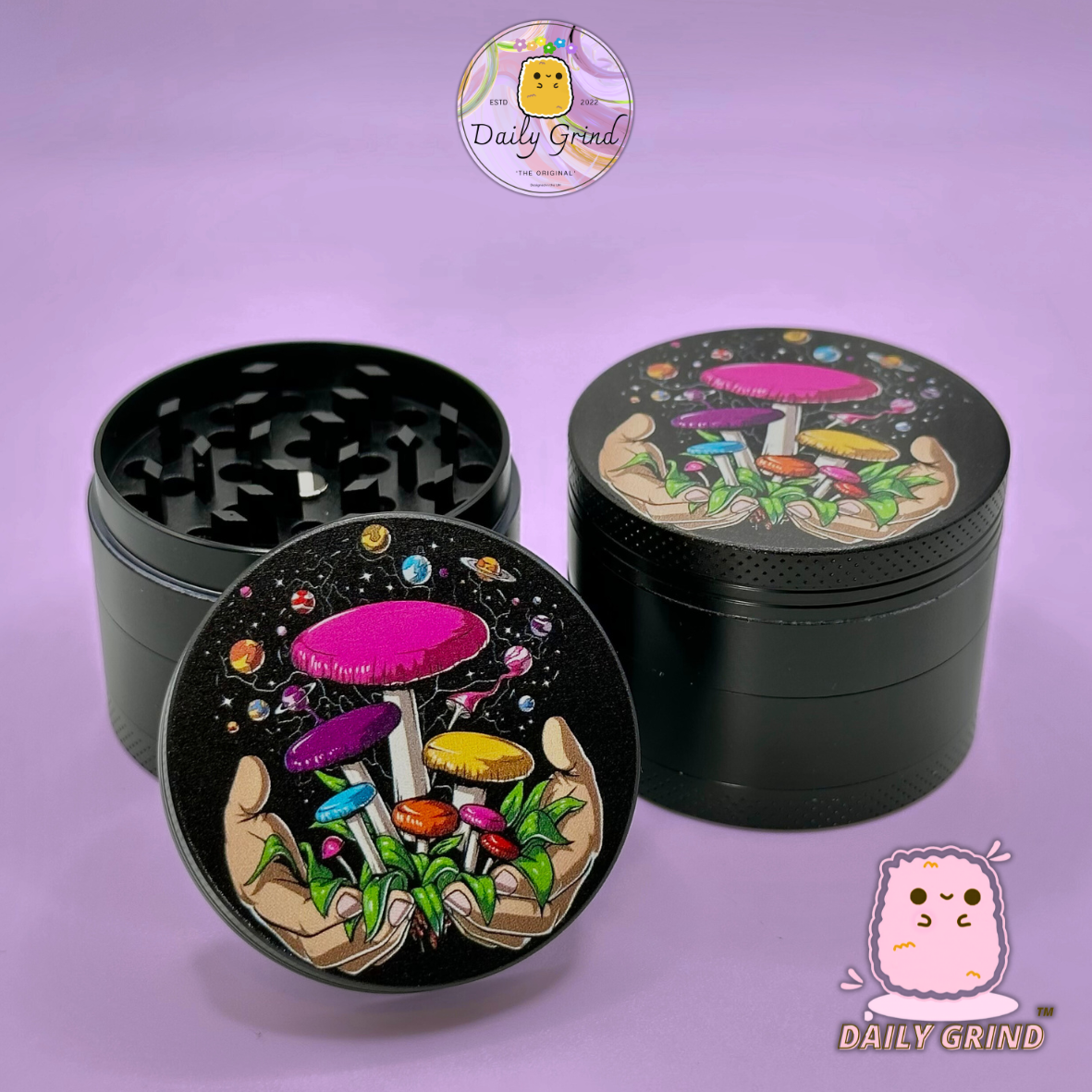 Setas forrajeras Hongos Manos Myco Design - 50 mm 4 piezas Regalo de molinillo de hierbas de metal personalizado de alta calidad 