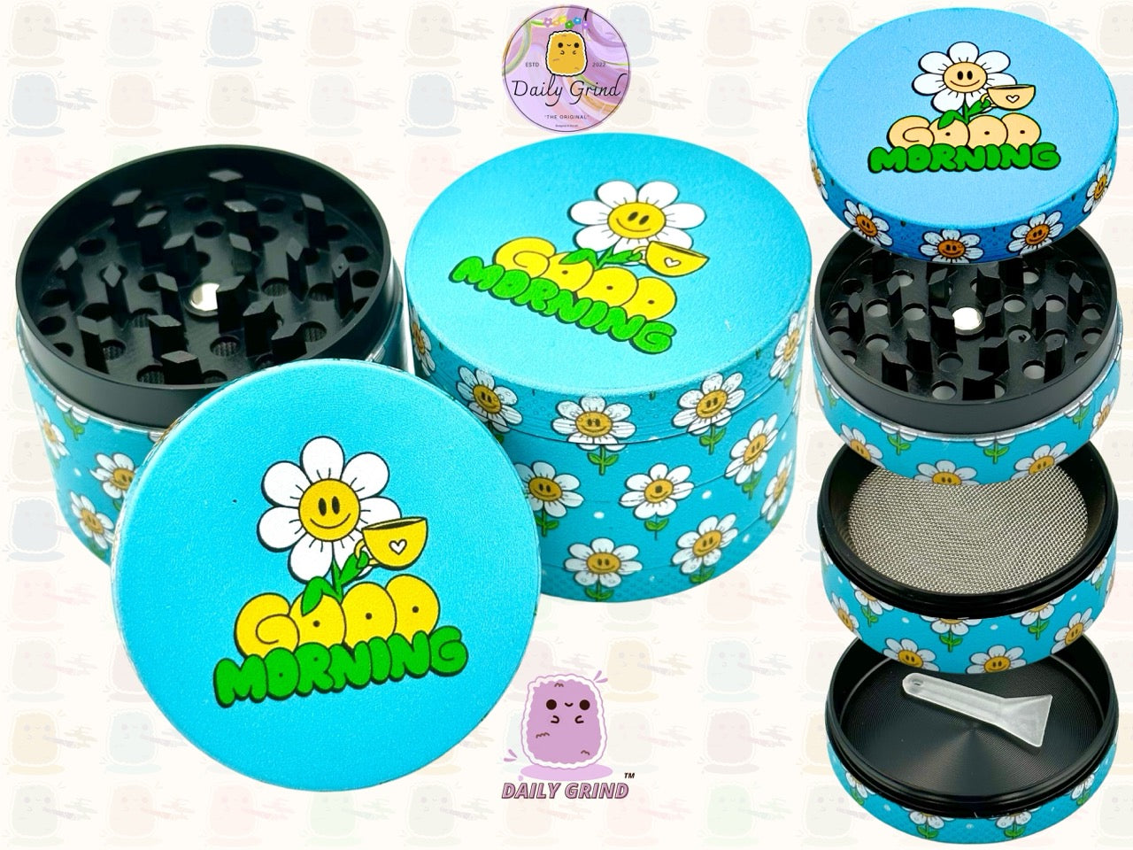 Good Morning Coffee Cute Happy Flower - 50mm 4-Piece High Quality Custom Metal Tobacco Herb Grinder Gift Idea