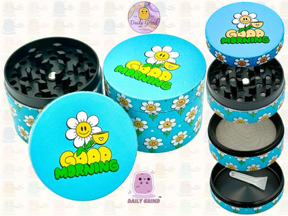 Good Morning Coffee Cute Happy Flower - 50mm 4-Piece High Quality Custom Metal Tobacco Herb Grinder Gift Idea