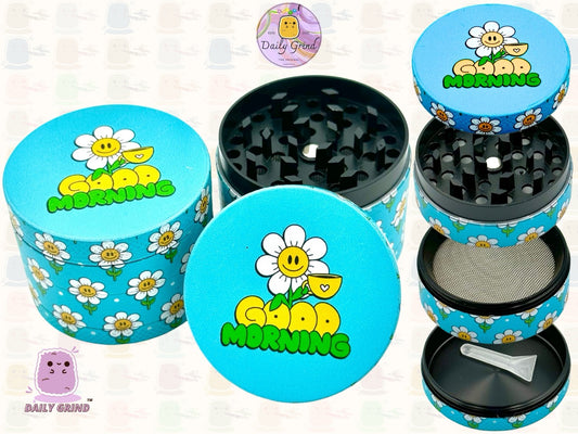 Good Morning Coffee Cute Happy Flower - 50mm 4-Piece High Quality Custom Metal Tobacco Herb Grinder Gift Idea