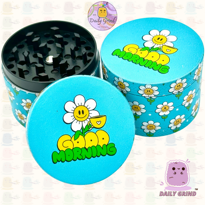 Good Morning Coffee Cute Happy Flower - 50mm 4-Piece High Quality Custom Metal Tobacco Herb Grinder Gift Idea