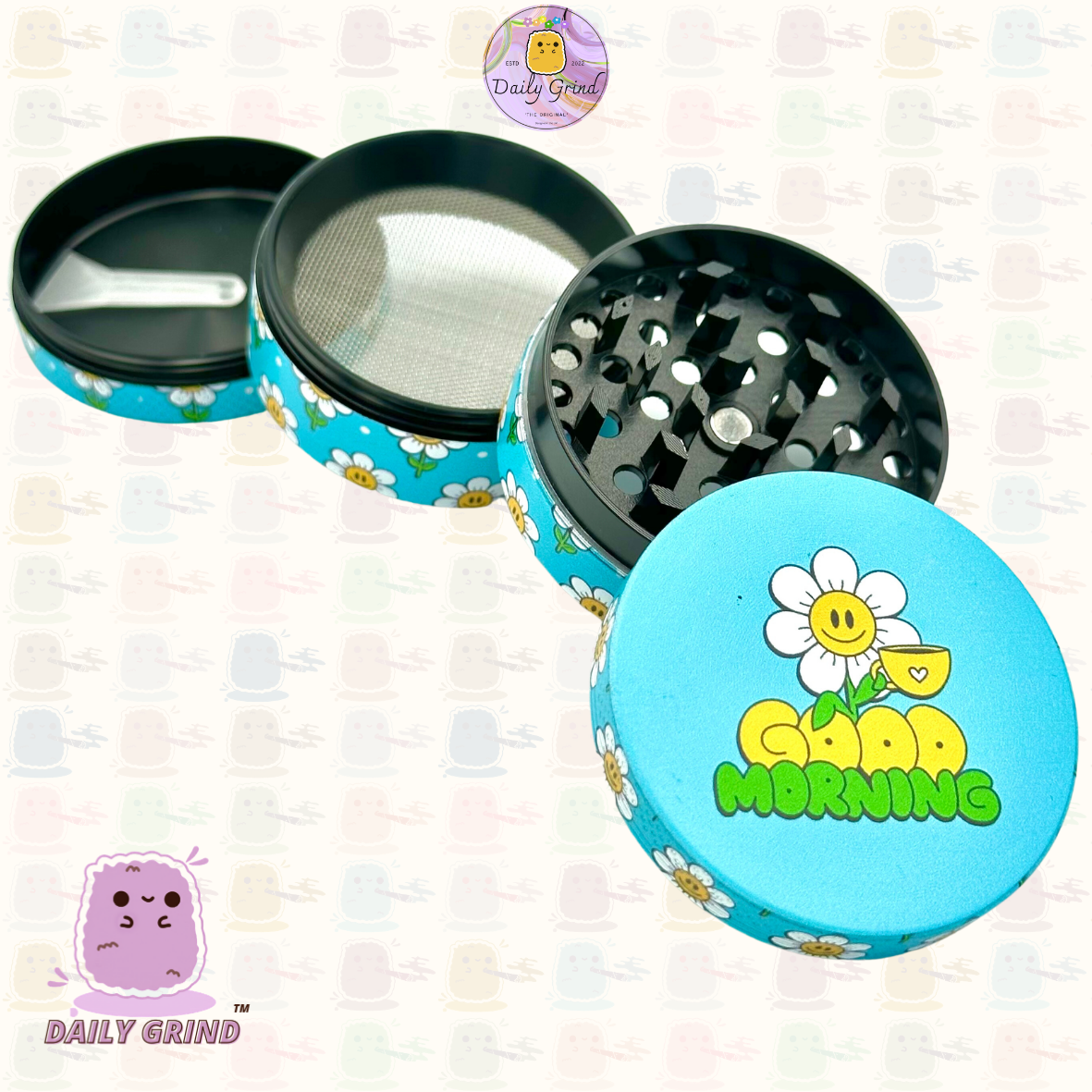 Good Morning Coffee Cute Happy Flower - 50mm 4-Piece High Quality Custom Metal Tobacco Herb Grinder Gift Idea