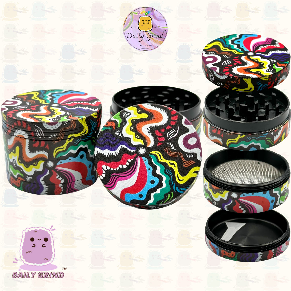 Motif Trippy coloré ondulé liquide Hallucination 50mm 4 pièces haute qualité personnalisé métal herbe broyeur cadeau 