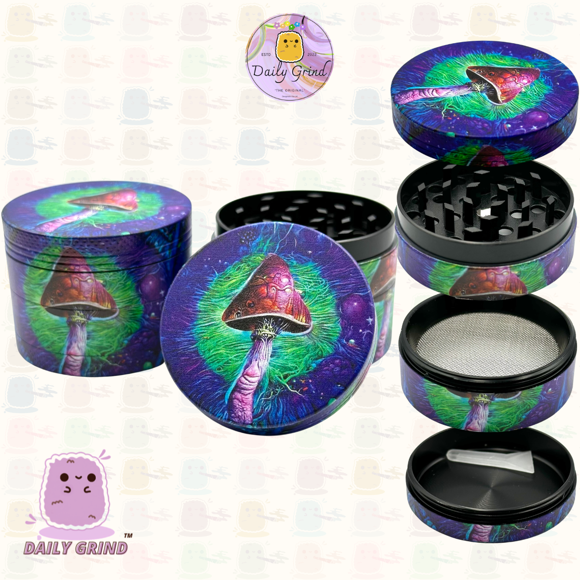 Mushroom Art - 50mm 4-Piece High Quality Custom Metal Tobacco Herb Grinder Gift Idea
