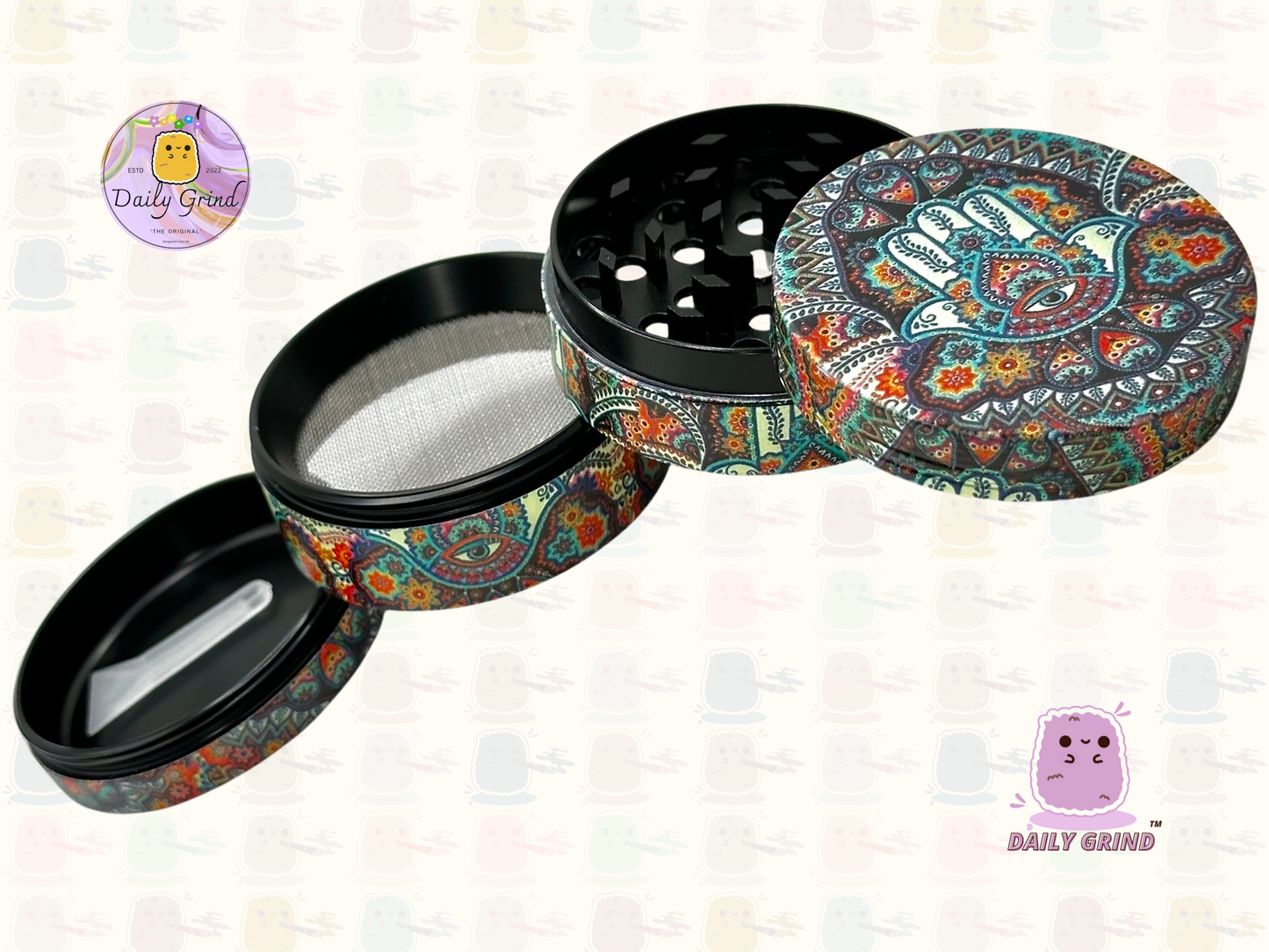 Hand of Protection Hamsa - 50mm 4-Piece High Quality Custom Metal Tobacco Herb Grinder Gift Idea