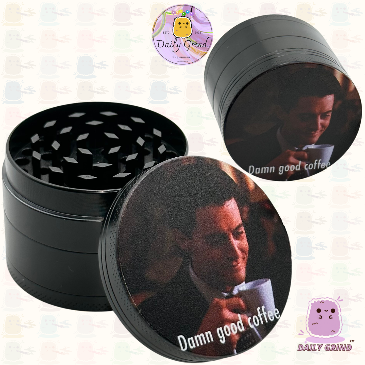 Damn Good Coffee 90's American Cult Classic - 50mm 4-Piece Premium Custom Metal Tobacco Herb Grinder Cute Gift Idea
