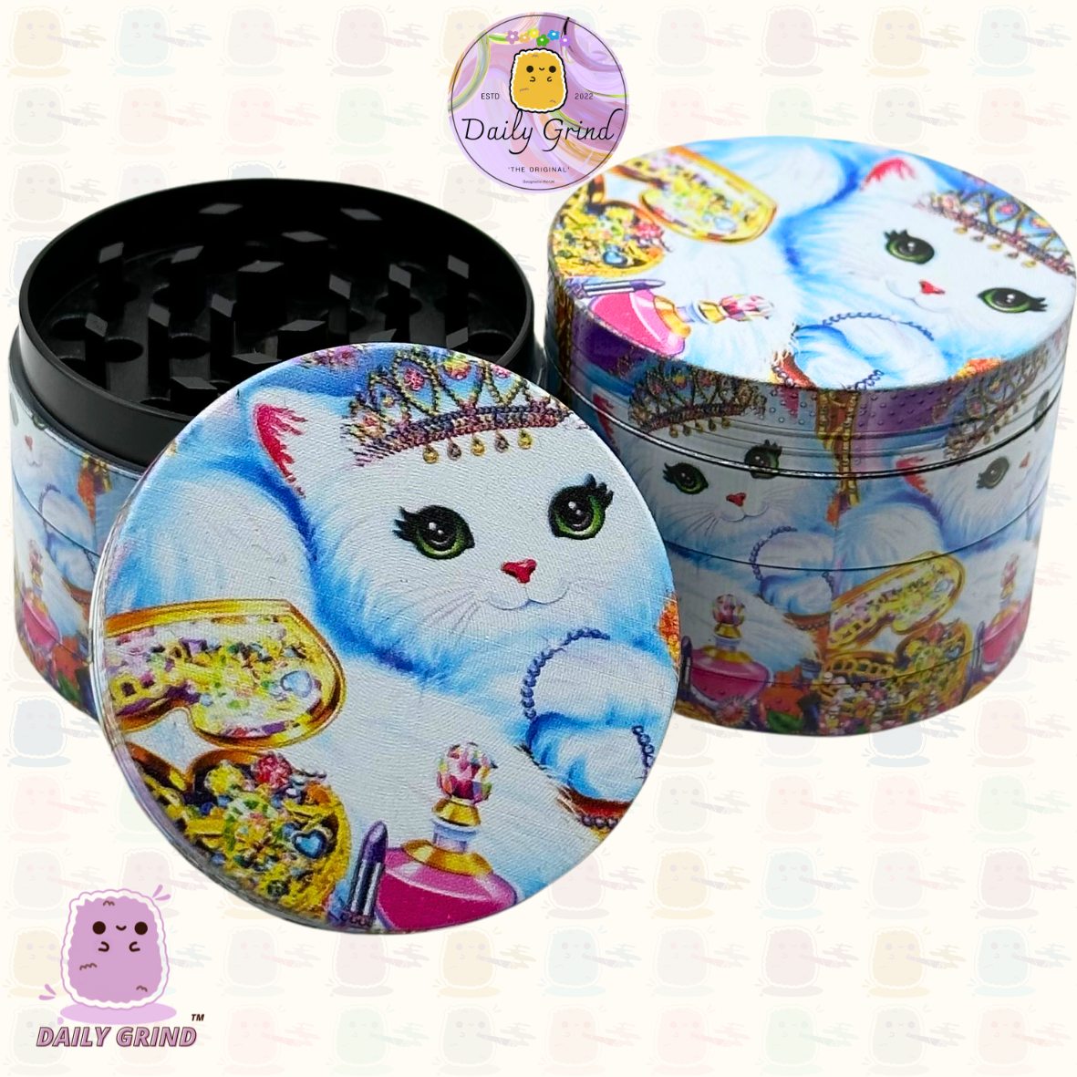 Chaton mignon entouré de bijoux style art rose – 50 mm, 4 pièces, broyeur d'herbes en métal de haute qualité, cadeau 
