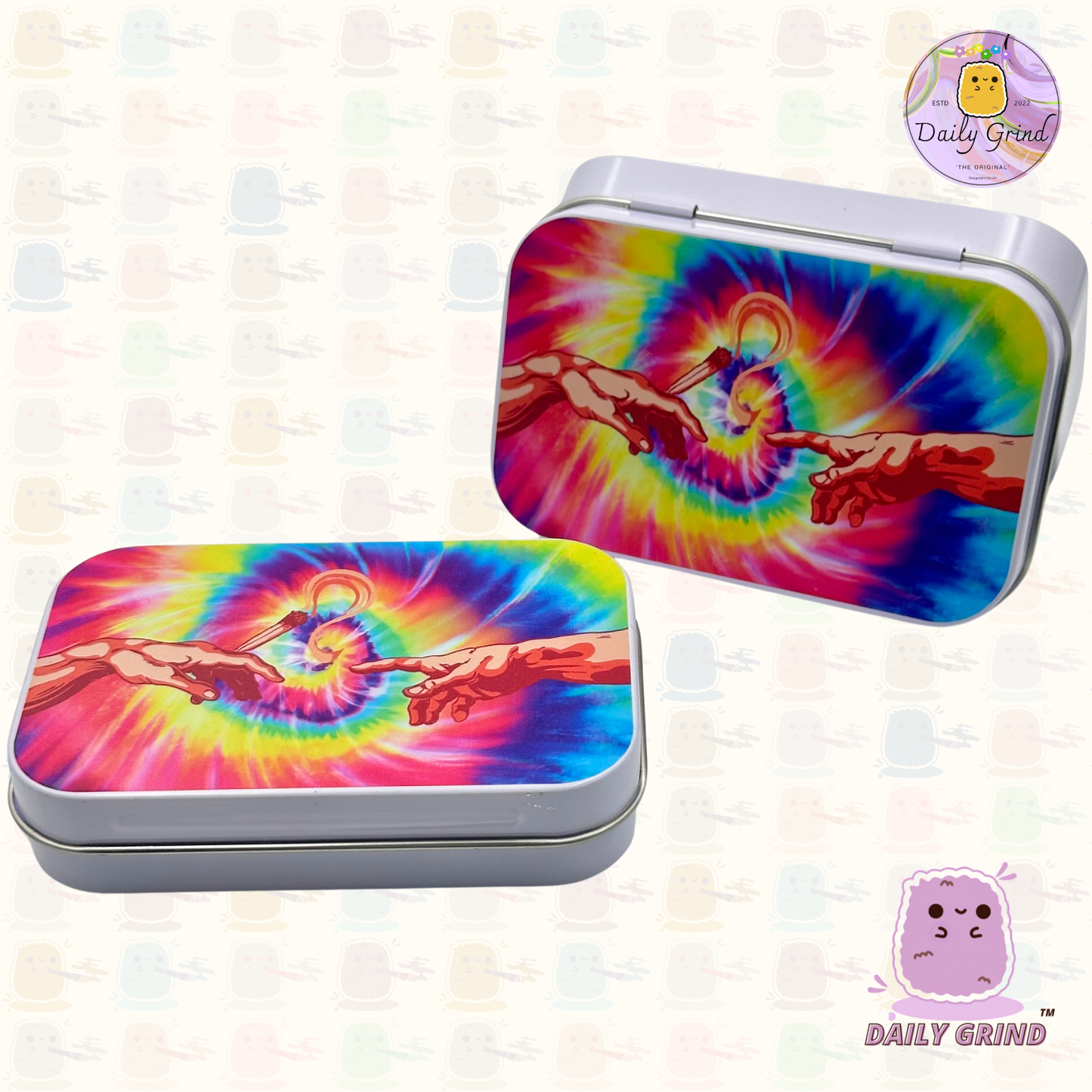 Miguel Ángel Capilla Sixtina Tie Dye Nacimiento del Hombre Arte 1oz Tabaco Blanco/Píldora/Baccy / Stash/Monedas/Cristales/Joyería Tapa con Bisagra Caja de Lata Regalo