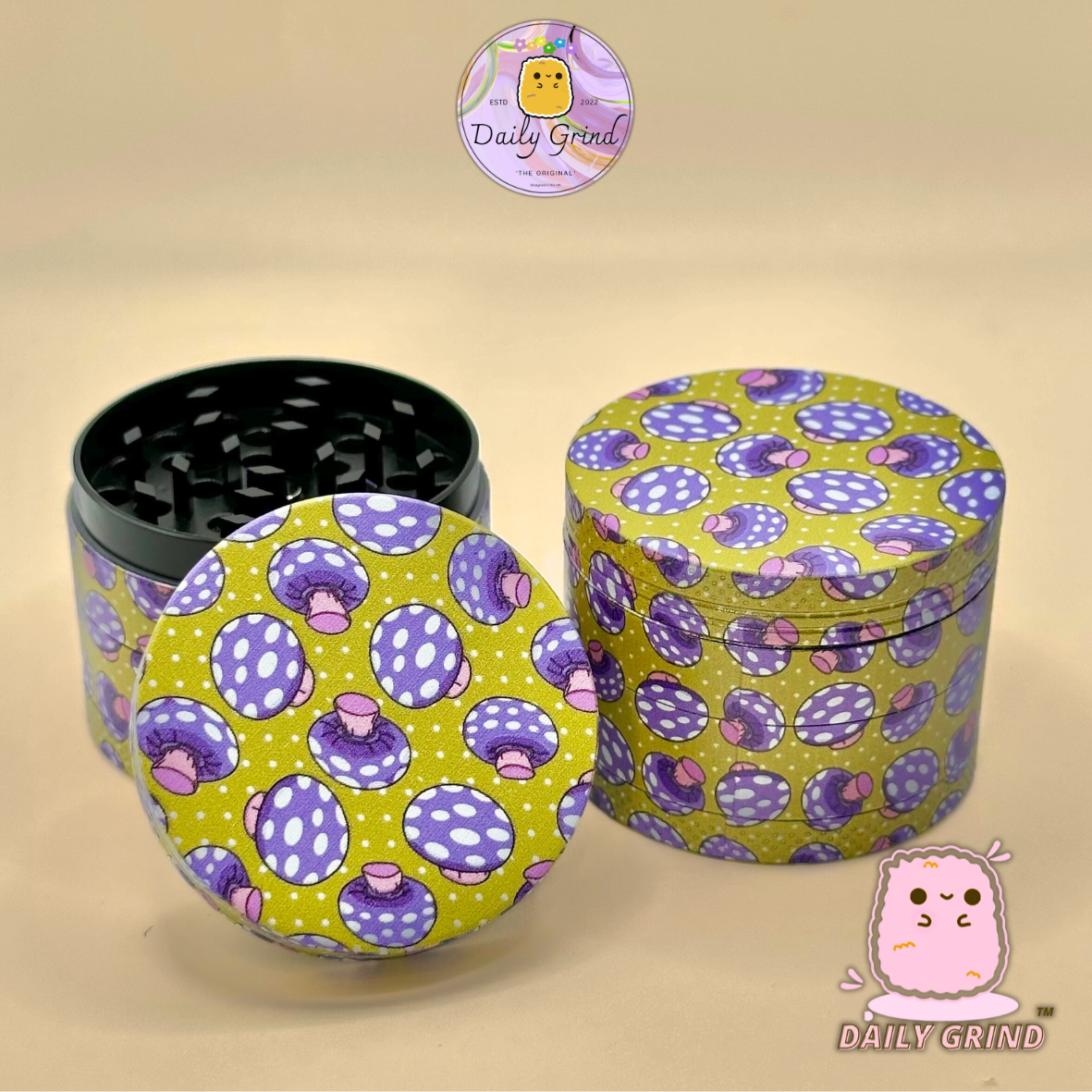 Purple Fly Agaric Mushroom Yellow - 50mm 4-Piece High Quality Custom Metal Tobacco Herb Grinder Gift Idea