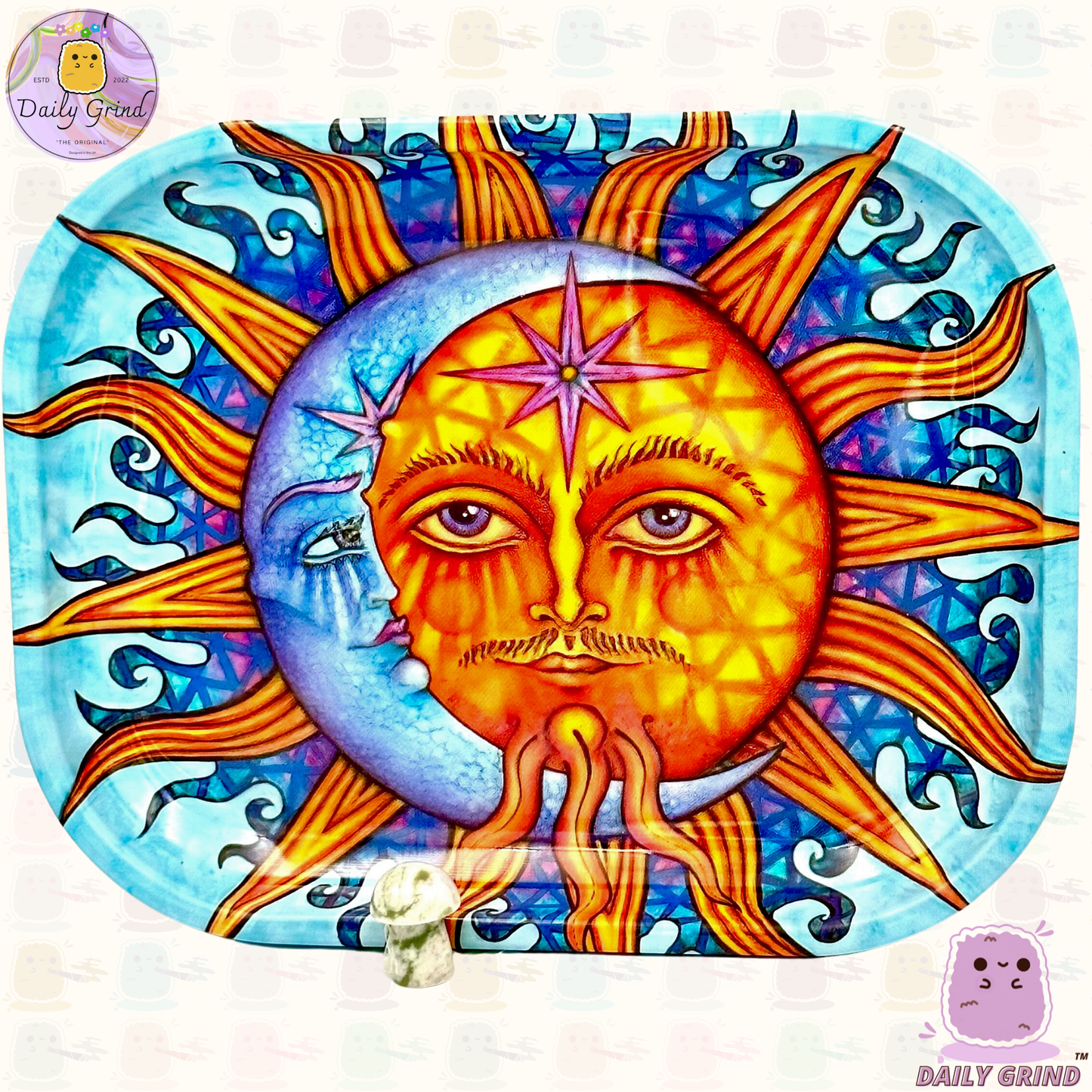 Bonito diseño de arte astrológico del sol y la luna, superficie de bandeja de Metal de 14x18cm para piezas y piezas, joyería, cristales, baratijas, regalo