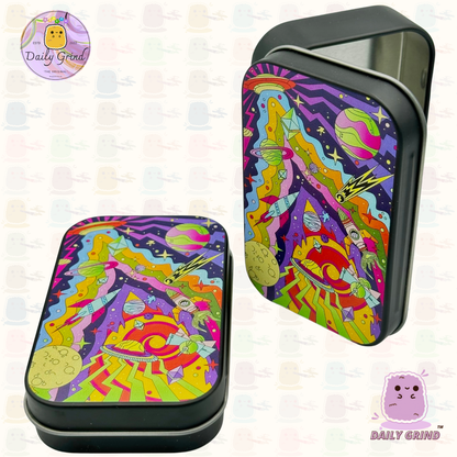 Crazy Cartoon Alien Abduction Colourful - 1oz Black / Crystal / Jewellery / Coins / Bits & Pieces / Hide / Money / Make-Up 1oz Black Hinge Lid Tin Box Gift - 9.5 x 6.2 x 2 cm - Cute Funny Metal Organiser Gift Idea