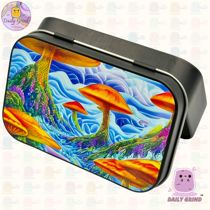 Mushroom World Land Dystopia Design 2oz Tabaco Negro / Píldora / Baccy / Stash / Monedas / Cristales / Joyería Bisagra Tapa Lata Regalo