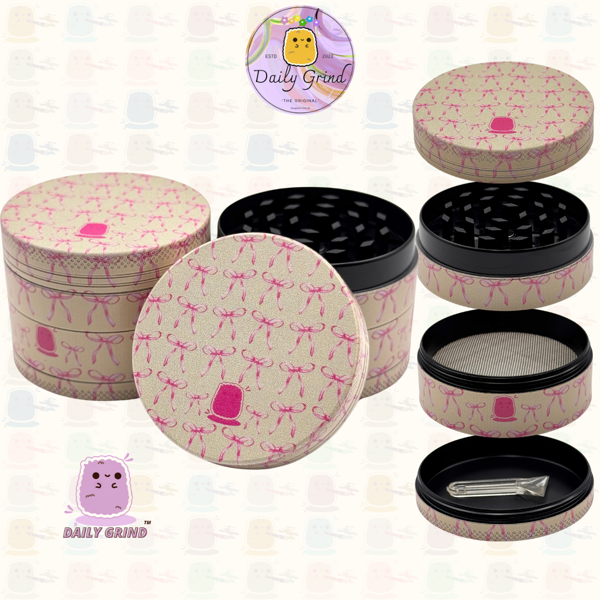 Cute Pink Bows - 50mm Premium 4-Piece Custom Metal Tobacco Herb Grinder Cute Gift