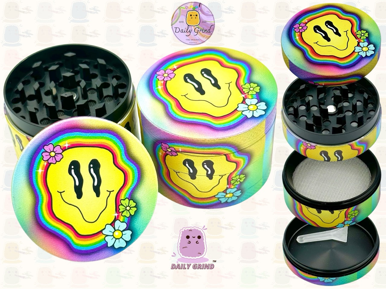 Wavy Face Colourful Smiling Hallucinate - 50mm 4-Piece High Quality Custom Metal Tobacco Herb Grinder Gift Idea