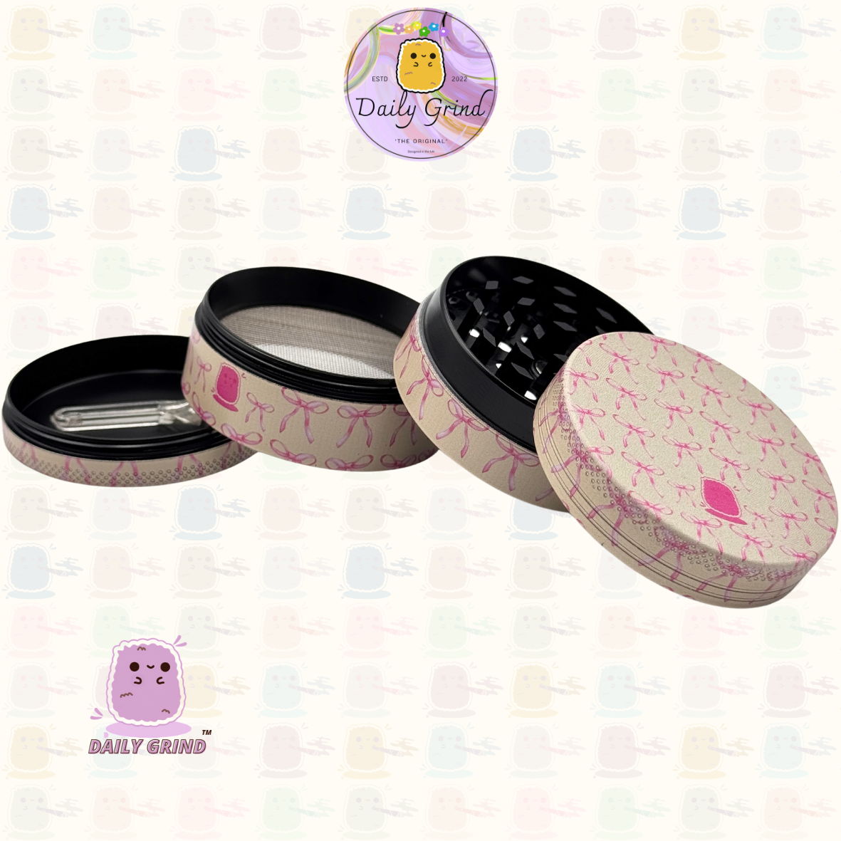 Cute Pink Bows - 50mm Premium 4-Piece Custom Metal Tobacco Herb Grinder Cute Gift