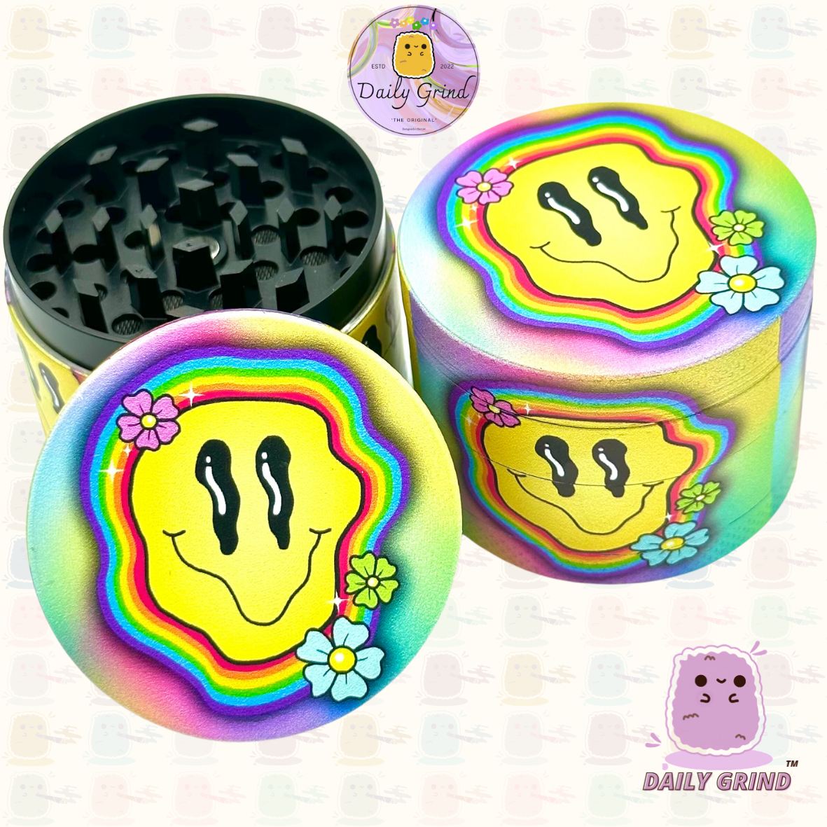 Wavy Face Colourful Smiling Hallucinate - 50mm 4-Piece High Quality Custom Metal Tobacco Herb Grinder Gift Idea