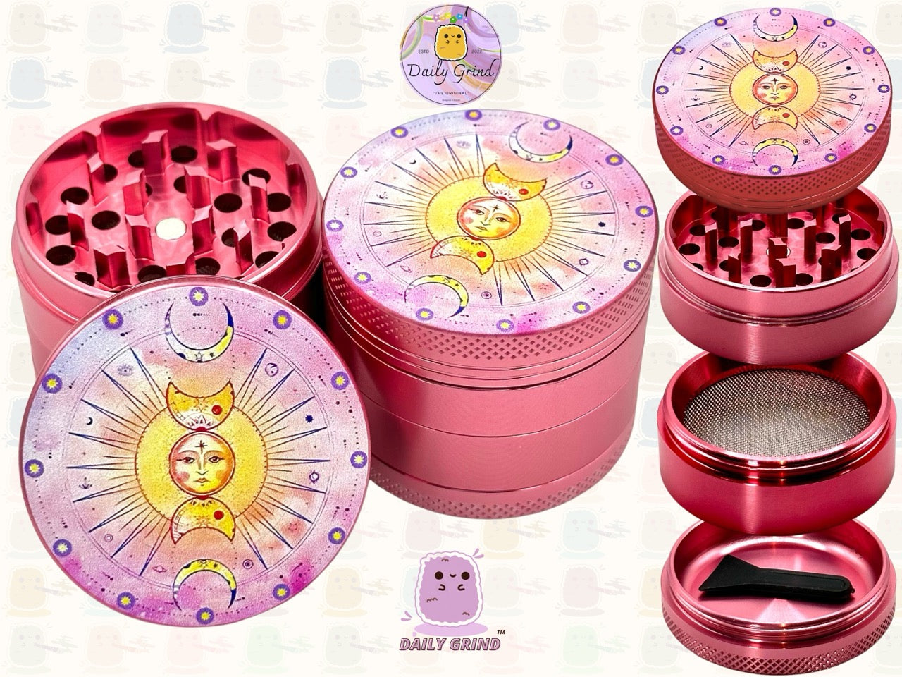 Sun & Moon Pink Aluminium Astrology - 50mm 4-Piece High Quality Custom Tobacco Herb Grinder Gift Idea
