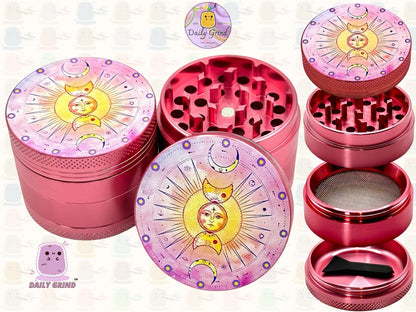 Sun & Moon Pink Aluminium Astrology - 50mm 4-Piece High Quality Custom Tobacco Herb Grinder Gift Idea