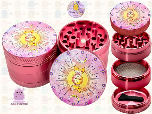 Sun & Moon Pink Aluminium Astrology - 50mm 4-Piece High Quality Custom Tobacco Herb Grinder Gift Idea