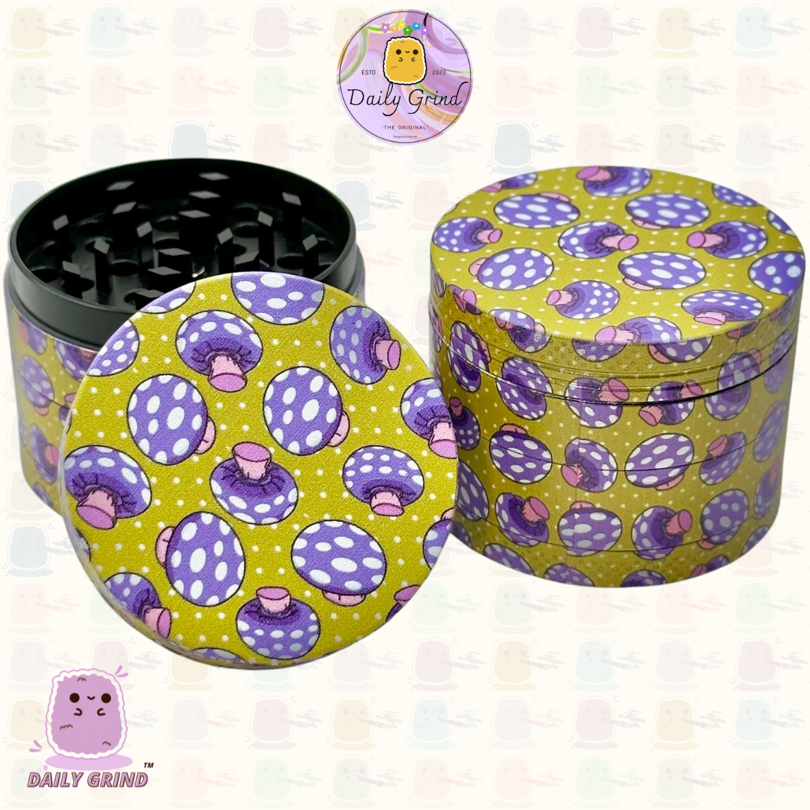 Purple Fly Agaric Mushroom Yellow - 50mm 4-Piece High Quality Custom Metal Tobacco Herb Grinder Gift Idea