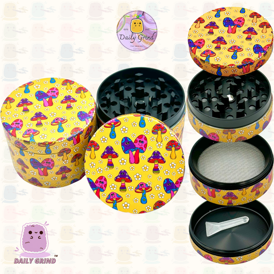 Mignons champignons amicaux fleurs heureuses jaune - 50mm 4 pièces de haute qualité personnalisé broyeur d'herbes en métal cadeau 