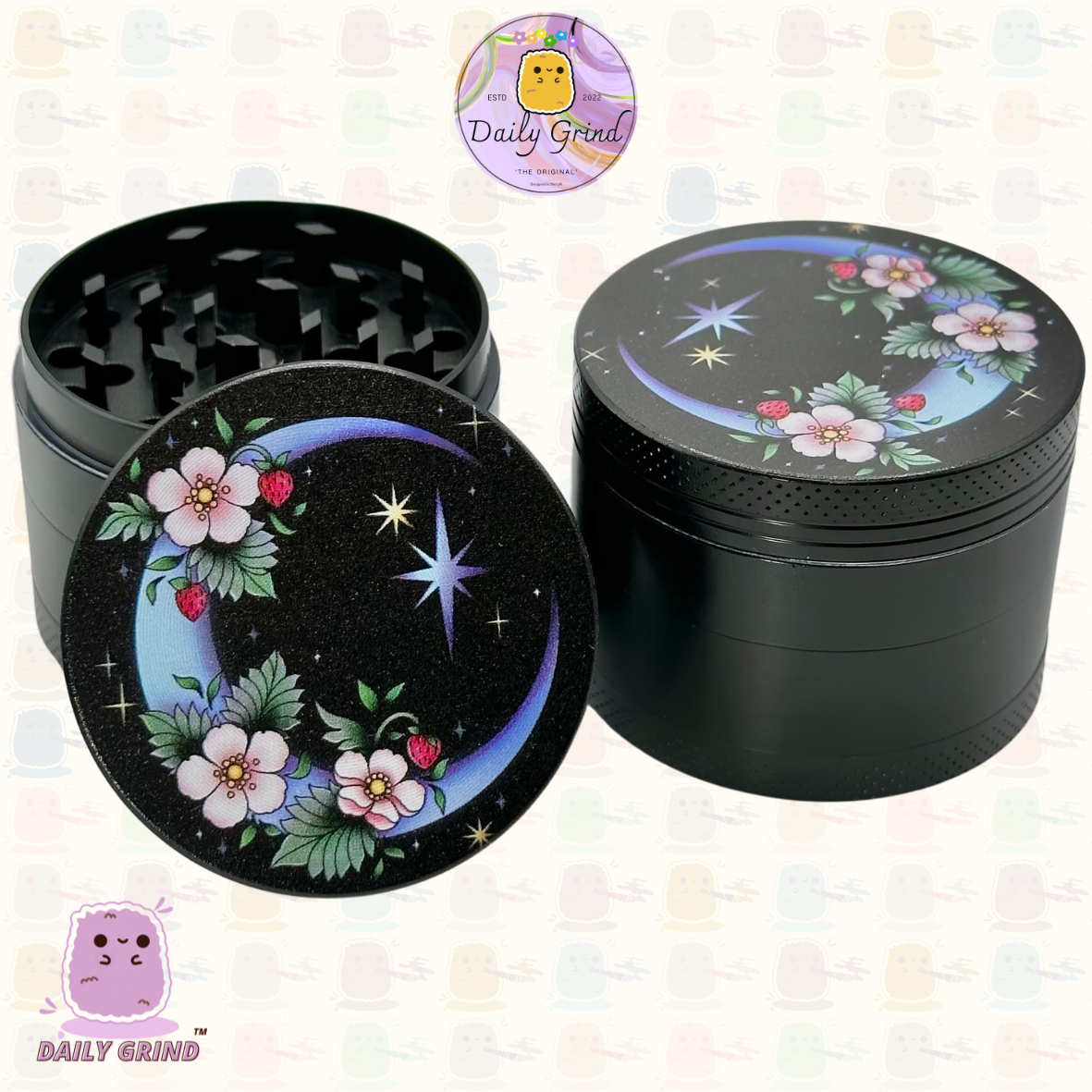 50mm croissant de lune fleurs mignonnes étoiles du ciel nocturne-4 parties broyeur d'herbes en métal de haute qualité cadeau 