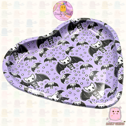Cute Bats - Purple Heart Shaped Metal Tray for Bits & Pieces, Jewellery, Crystals, Trinkets etc!  14x18cm Spooky Halloween Gift Idea