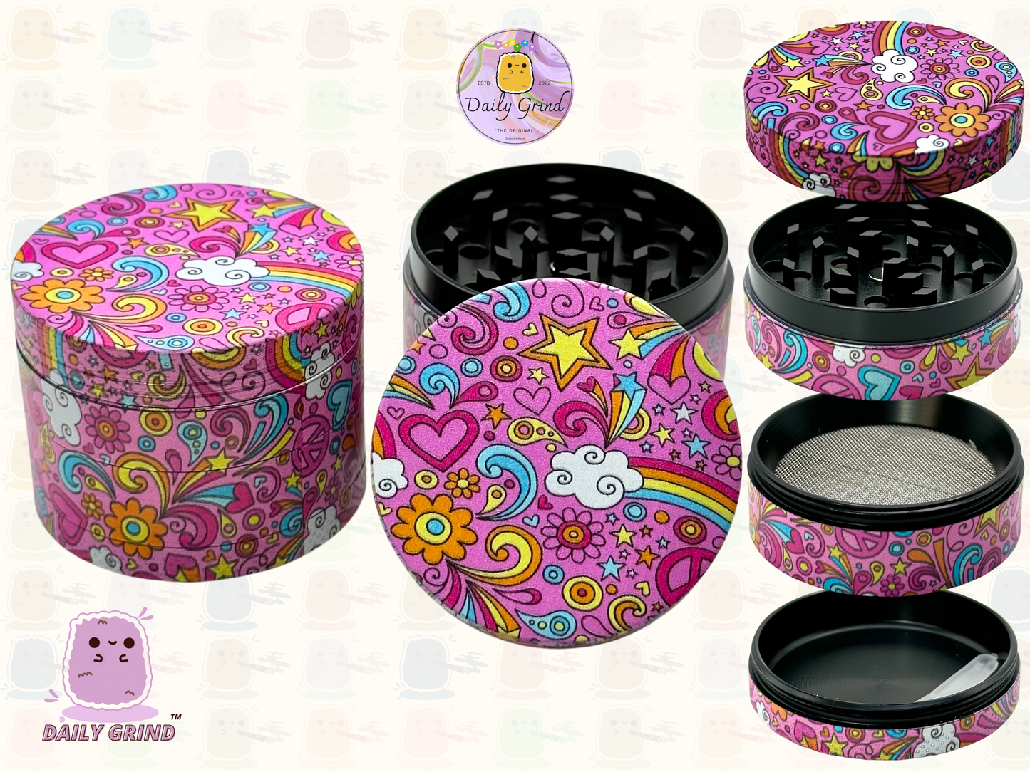 Belles filles roses coeurs mignons étoiles fleurs arc-en-ciel Design - 50mm 4 pièces de haute qualité personnalisé broyeur d'herbes en métal cadeau 