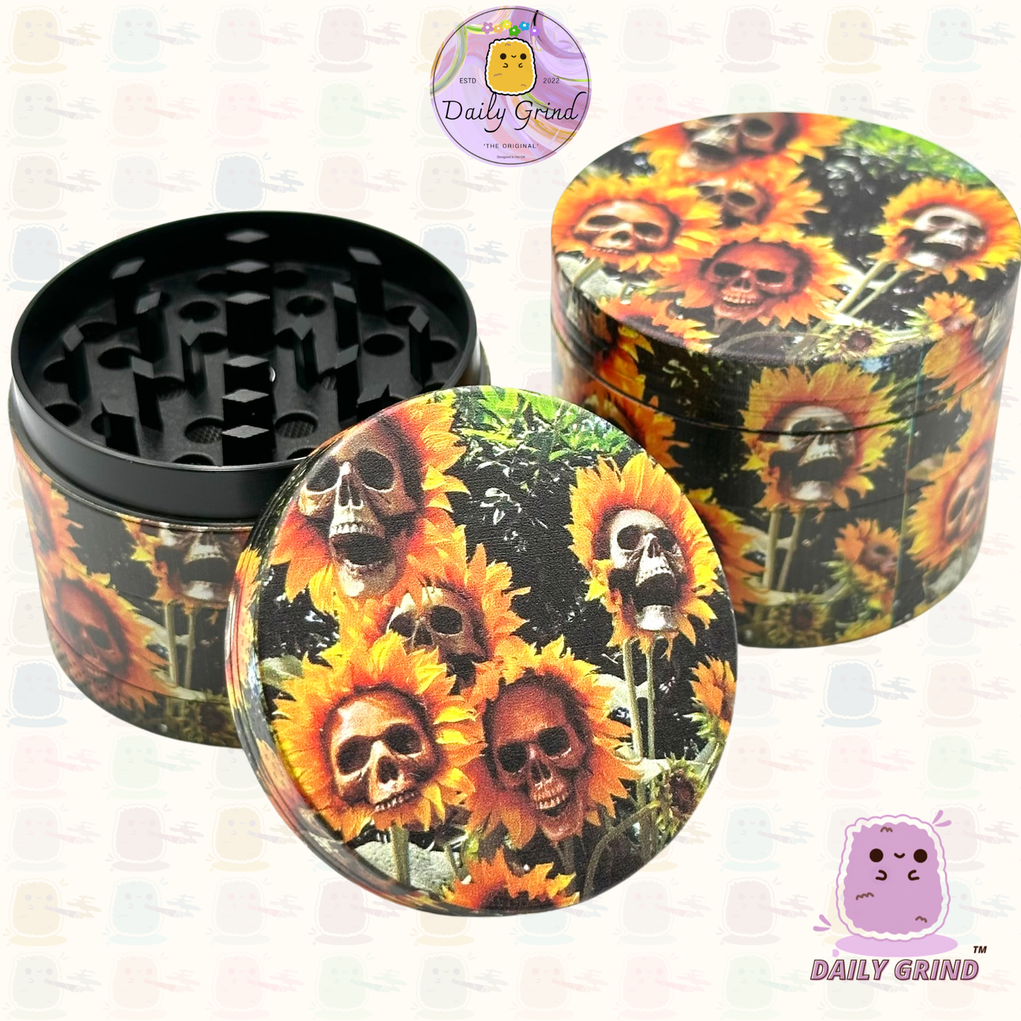 Sunflower Skull Flowers - 50mm 4-Piece Premium Custom Metal Tobacco Herb Grinder Cute Gift Idea