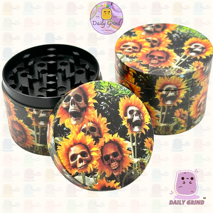 Sunflower Skull Flowers - 50mm 4-Piece Premium Custom Metal Tobacco Herb Grinder Cute Gift Idea