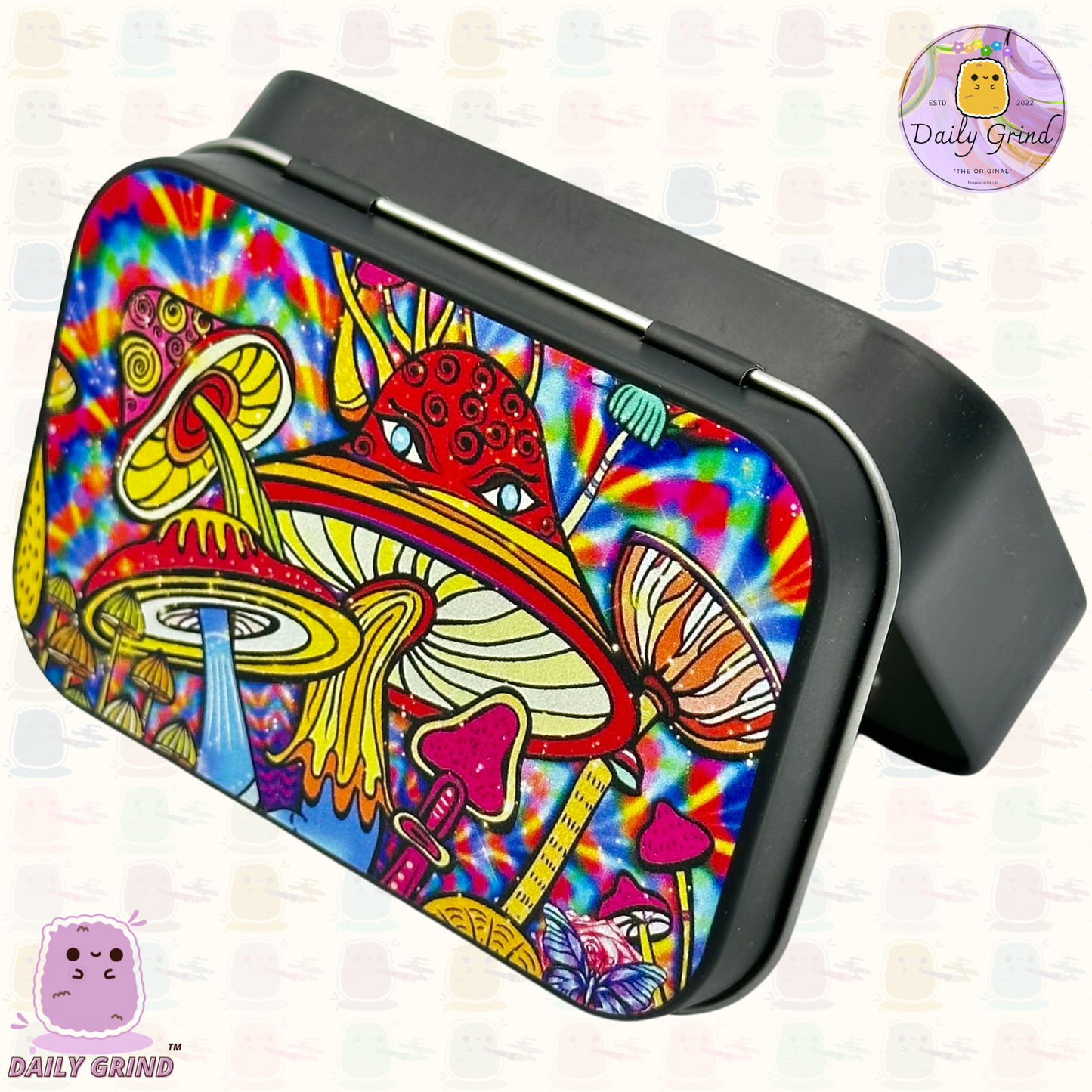 Diseño de dibujos animados de cara de hongo colorido, 2 oz, tabaco negro, píldora, Baccy, alijo, monedas, cristales, joyería, tapa con bisagra, regalo de lata