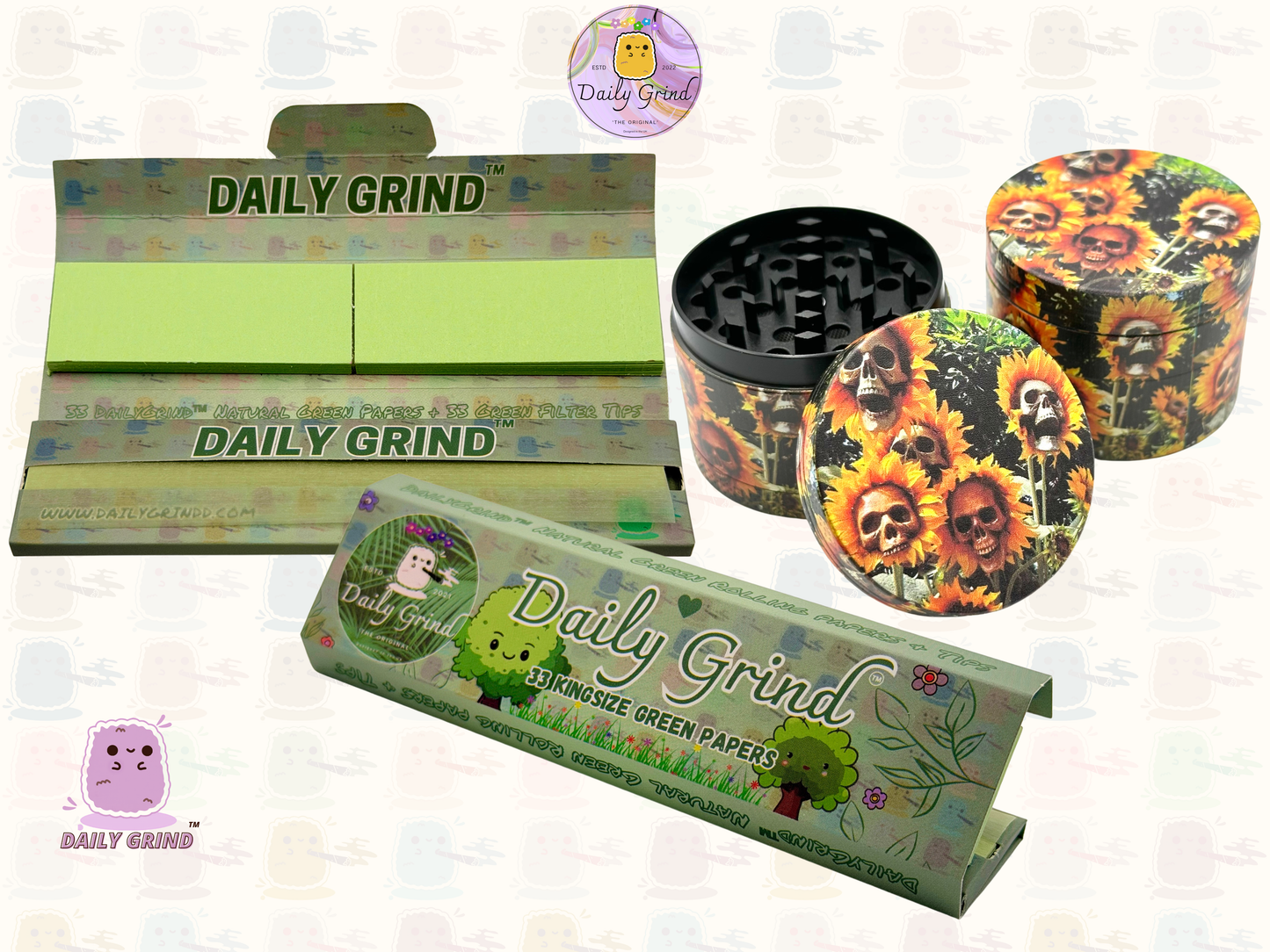 Sunflower Skull Flowers - 50mm 4-Piece Premium Custom Metal Tobacco Herb Grinder Cute Gift Idea