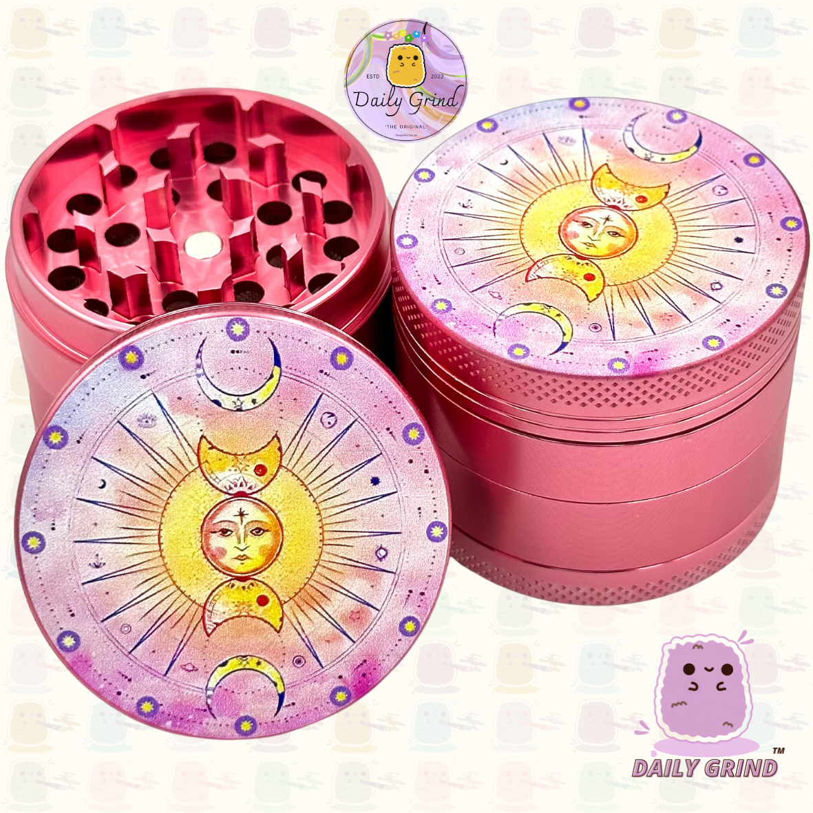Sun & Moon Pink Aluminium Astrology - 50mm 4-Piece High Quality Custom Tobacco Herb Grinder Gift Idea