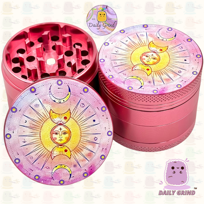 Sun & Moon Pink Aluminium Astrology - 50mm 4-Piece High Quality Custom Tobacco Herb Grinder Gift Idea