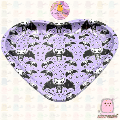 Cute Bats - Purple Heart Shaped Metal Tray for Bits & Pieces, Jewellery, Crystals, Trinkets etc!  14x18cm Spooky Halloween Gift Idea