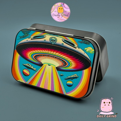Colourful UFO Alien Abduction - 1oz Black / Crystal / Jewellery / Coins / Bits & Pieces / Hide / Money / Make-Up 1oz Black Hinge Lid Tin Box Gift - 9.5 x 6.2 x 2 cm - Cute Funny Metal Organiser Gift Idea