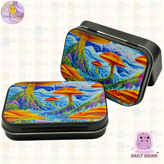Mushroom World Land Dystopia Design 2oz Tabaco Negro / Píldora / Baccy / Stash / Monedas / Cristales / Joyería Bisagra Tapa Lata Regalo