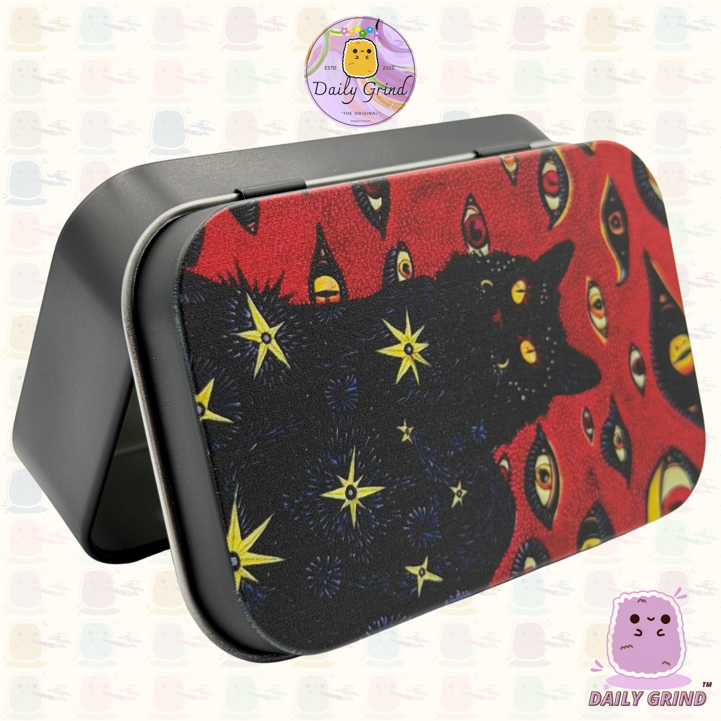 Spooky Black Cat Red - 1oz Metal Tin Funny Parody / Crystal / Jewellery / Coins / Bits & Pieces / Money / Make-Up 1oz Hinge Lid Metal Box Container - 9.5 x 6.2 x 2 cm - Witchy Gift