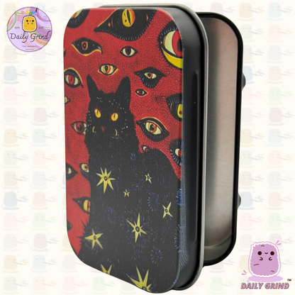 Spooky Black Cat Red - 1oz Metal Tin Funny Parody / Crystal / Jewellery / Coins / Bits & Pieces / Money / Make-Up 1oz Hinge Lid Metal Box Container - 9.5 x 6.2 x 2 cm - Witchy Gift